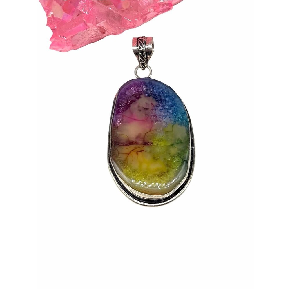 Rainbow Solar Quartz Necklace Pendant 925 Sterling Silver Overlay
